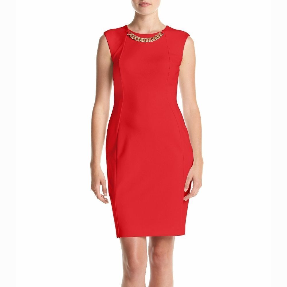 New! CALVIN KLEIN Women's Chain Accent Ponte Knit Red Sheath Dress